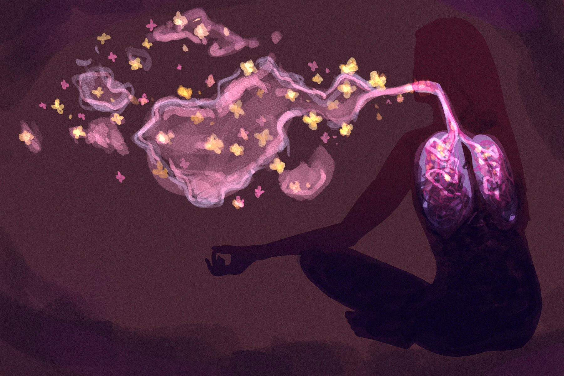 person breathing glittery air in and out of their lungs as they de-stress and sit in a meditating pose