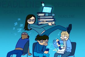 three people carrying another person with a bunch of books and a computer in a group project