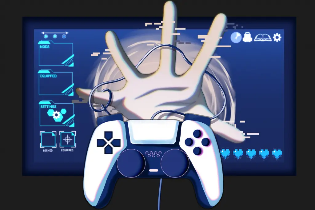 in an article about meta video games, an illustration of a hand grabbing a controller.
