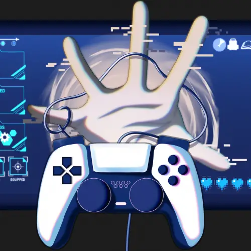 in an article about meta video games, an illustration of a hand grabbing a controller.