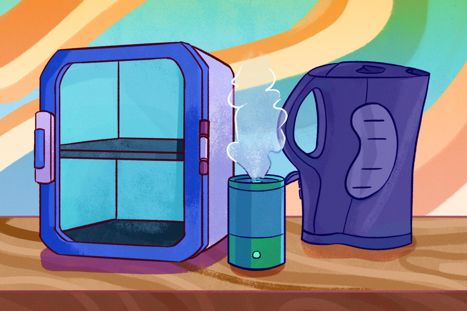 small appliances (mini fridge, essential oil diffuser and water pitcher)