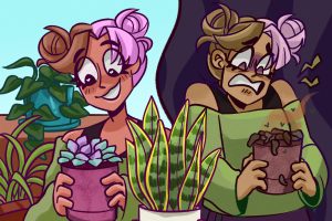 One girl surrounded by beautiful plants, then same girl again holding a dead plant