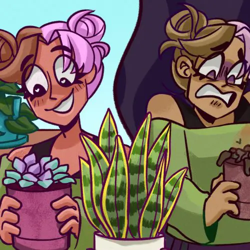 One girl surrounded by beautiful plants, then same girl again holding a dead plant