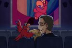 An illustration of Gilbert Gottfried and Iago, the talking parrot from 'Aladdin,' sitting in the movie theater.