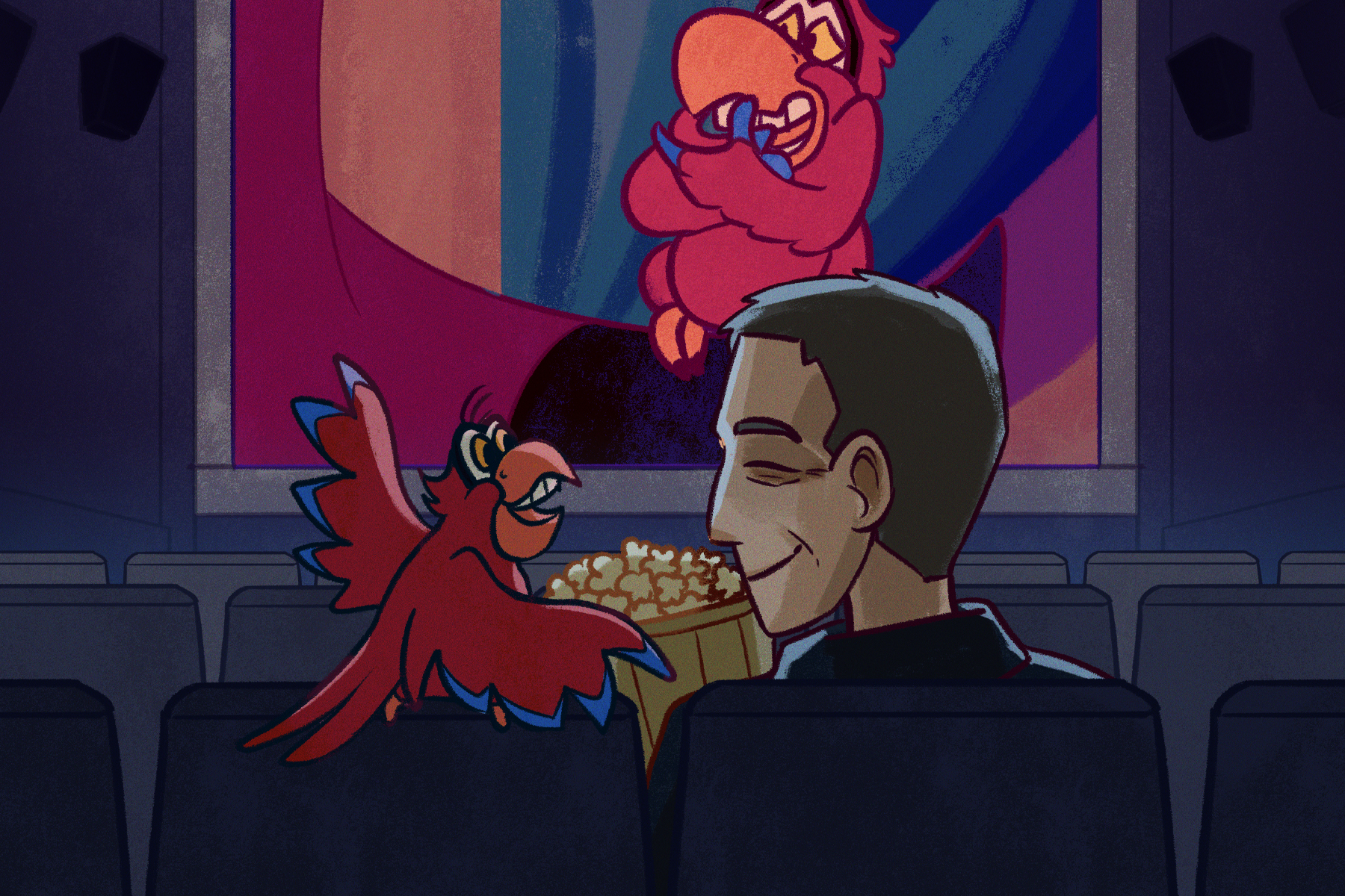 An illustration of Gilbert Gottfried and Iago, the talking parrot from 'Aladdin,' sitting in the movie theater.