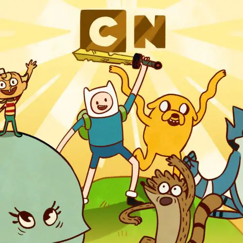 cartoon network characters standing below the logo on a hill under the CN logo