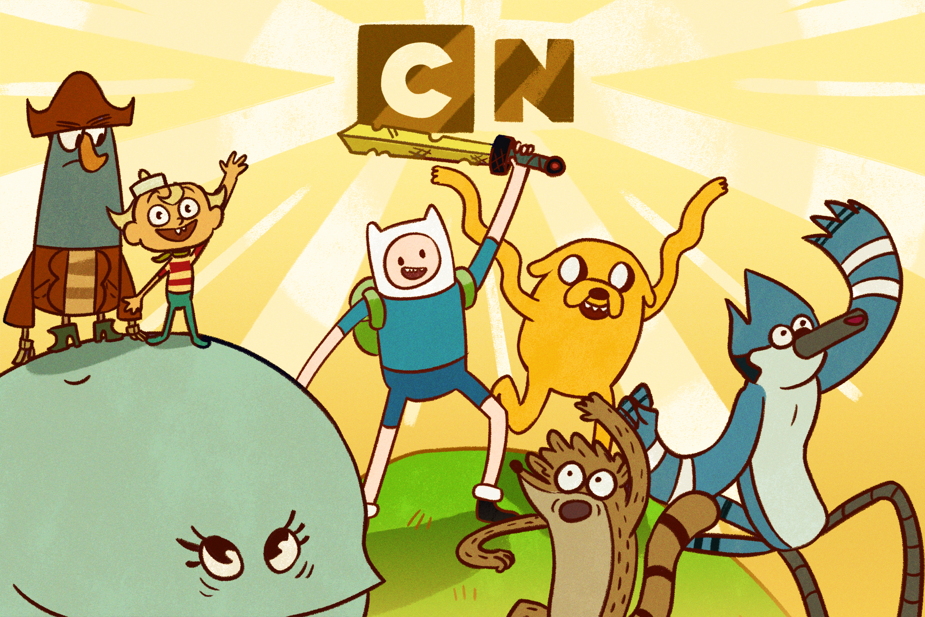 cartoon network characters standing below the logo on a hill under the CN logo