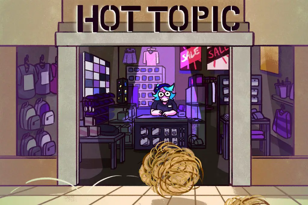 hot topic storefront with a tumble weed in front and a spotlight on the cashier