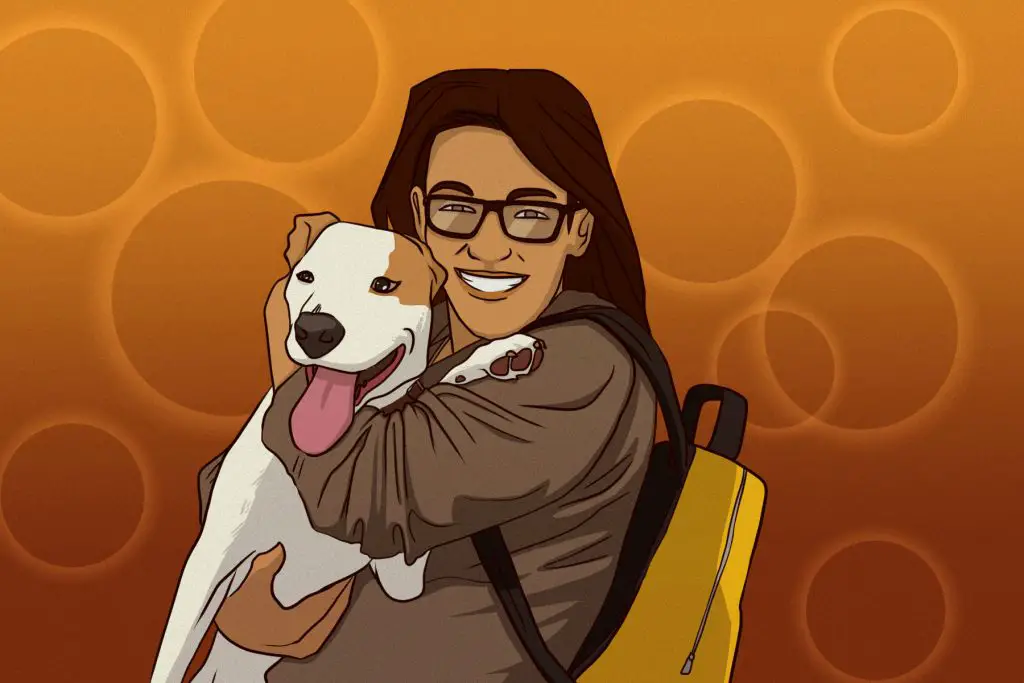 illustration of college girl holding a dog