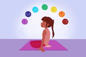 girl on yoga mat with chakra symbols in an arc shape around her