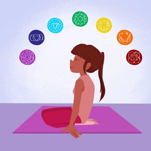 girl on yoga mat with chakra symbols in an arc shape around her