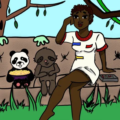 Woman sitting on couch with a small panda eating popcorn and a sloth outside in nature.