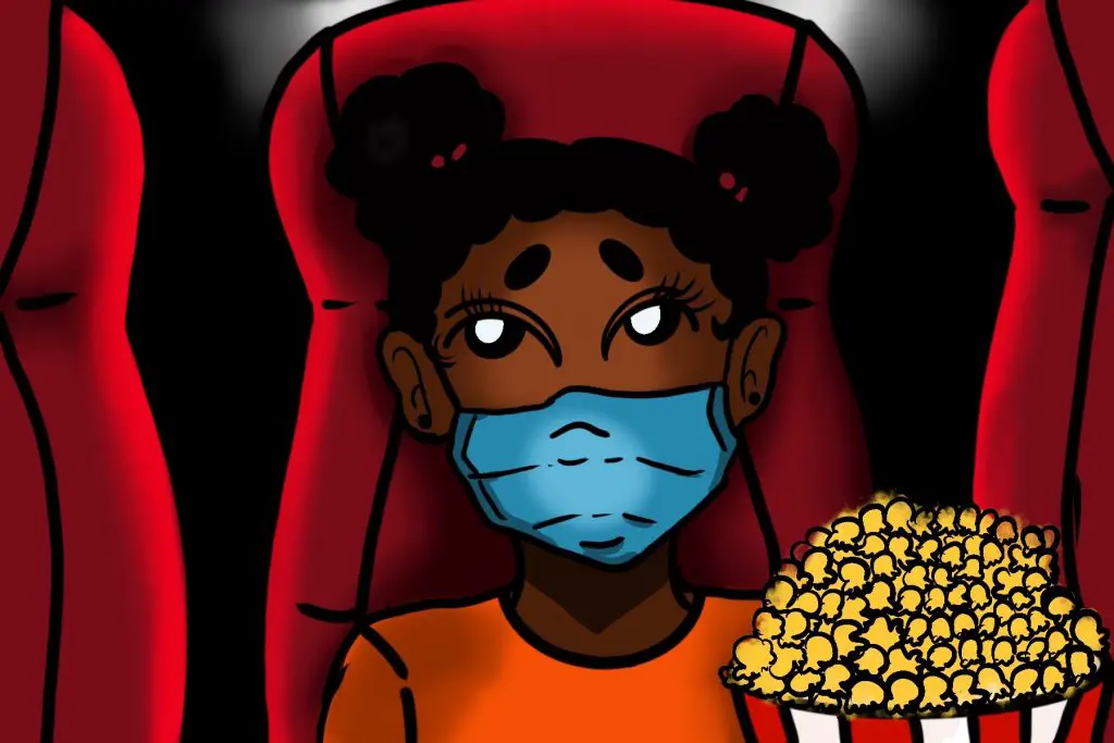An illustration of a kid at the movie theatre with a mask on watching a film.
