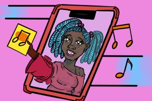 An illustration of a woman in a phone handing out an album leak