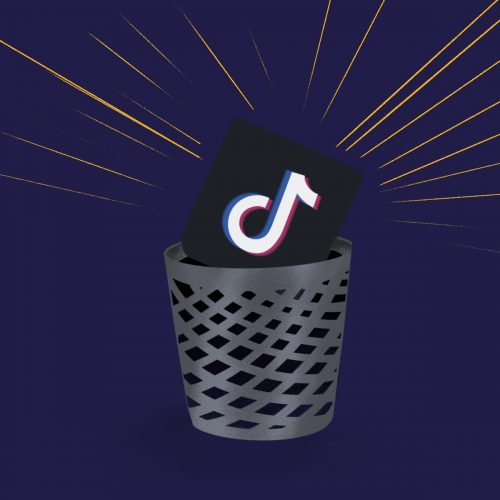 An illustration of the TikTok logo being thrown into the trash can.