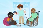 An illustration of three people with different disabilities.