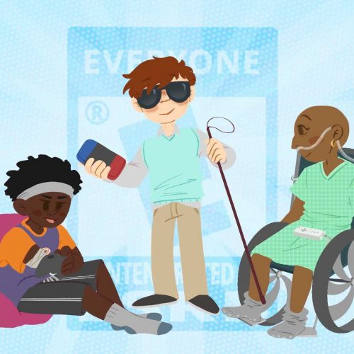 An illustration of three people with different disabilities.