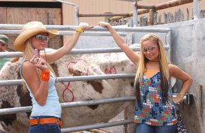 Nicole Richie, Paris Hilton and a cow in a scene from their series The Simple Life