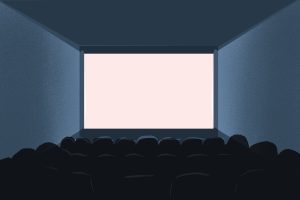 An illustration of inside the movie theaters with the silver screen.