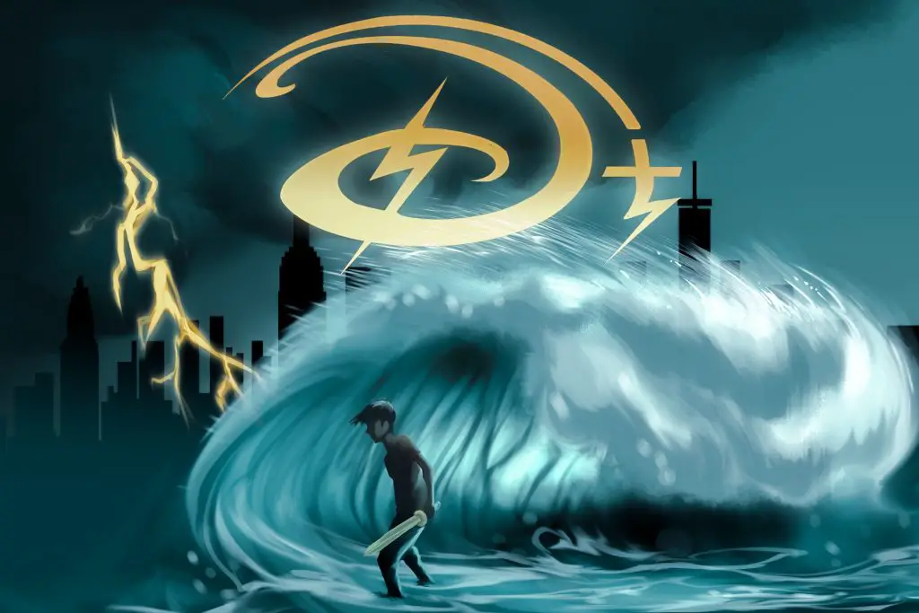 An illustration of Percy Jackson under the Disney+ logo.