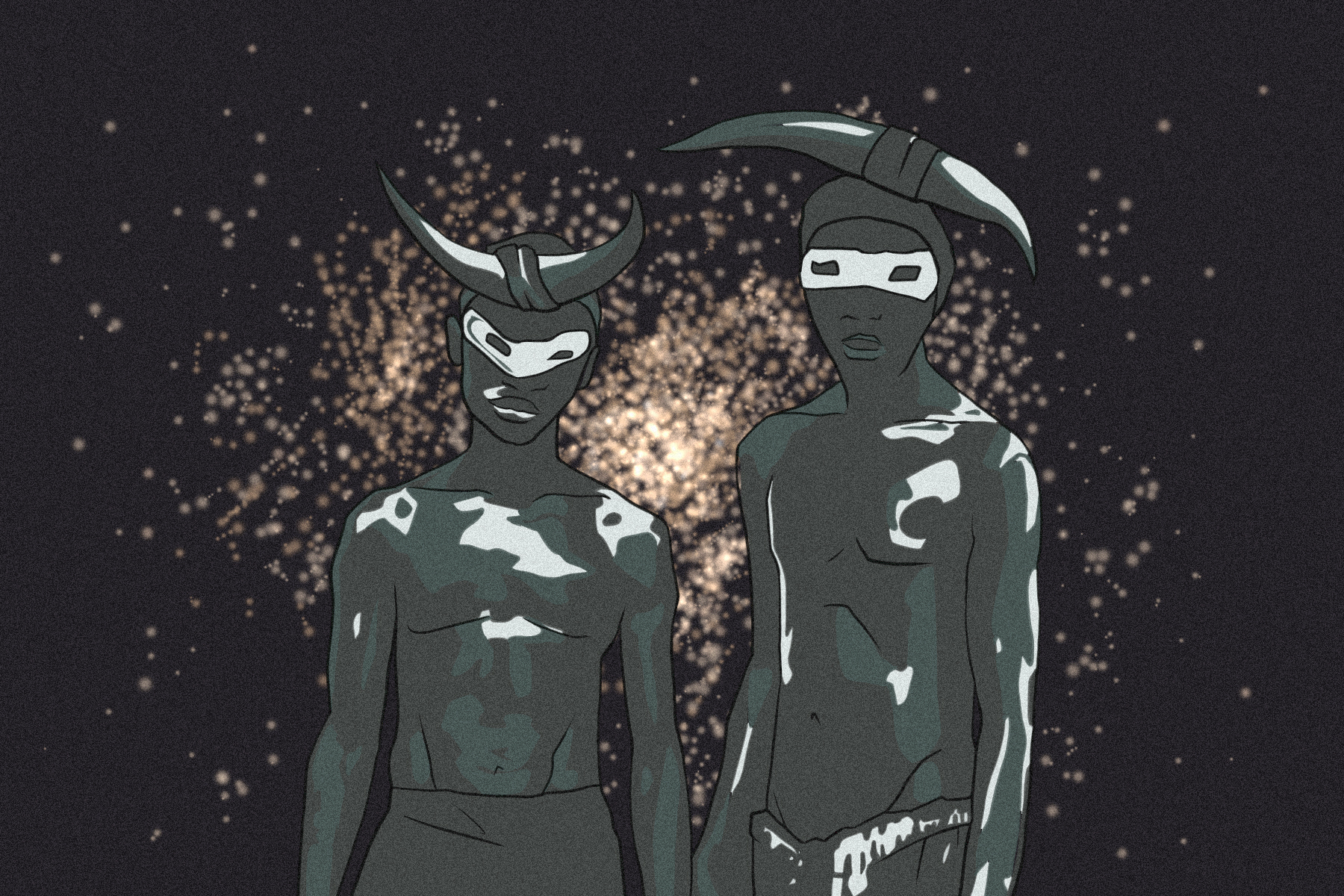 In an article about Black Star No Fear of Time, an illustration of two black-clad figures