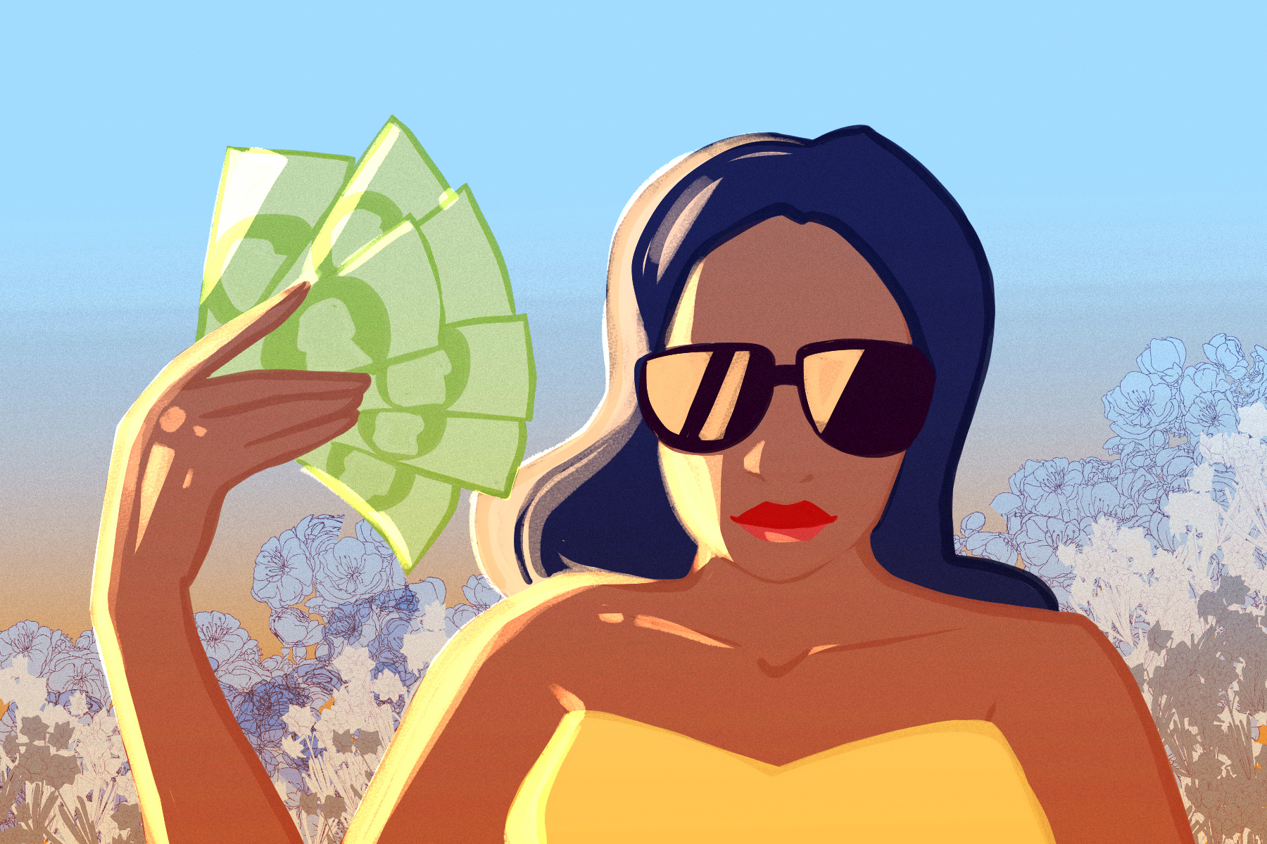 in an article about saving money for travel, someone fanning out cash while wearing sunglasses