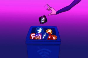 in an article about social media detox, someone's hand throwing the tik tok logo into the garbage full of other social media apps