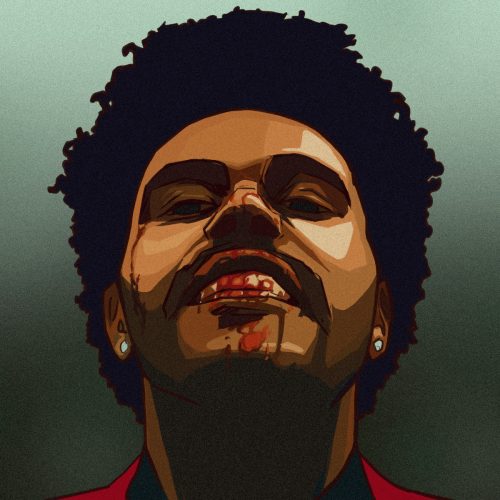 The Weeknd with blood from his nose dripping down his face
