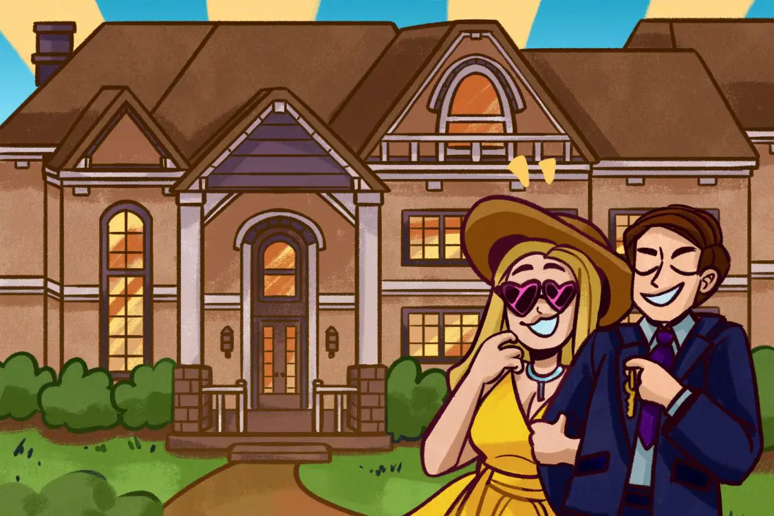 Illustration of a man and woman standing in front of their McMansions.