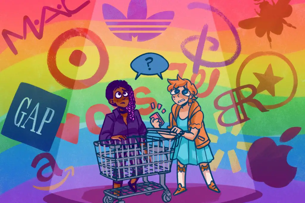 In an article about where to shop for Pride Month, two shoppers and a shopping cart surrounded by brand logos