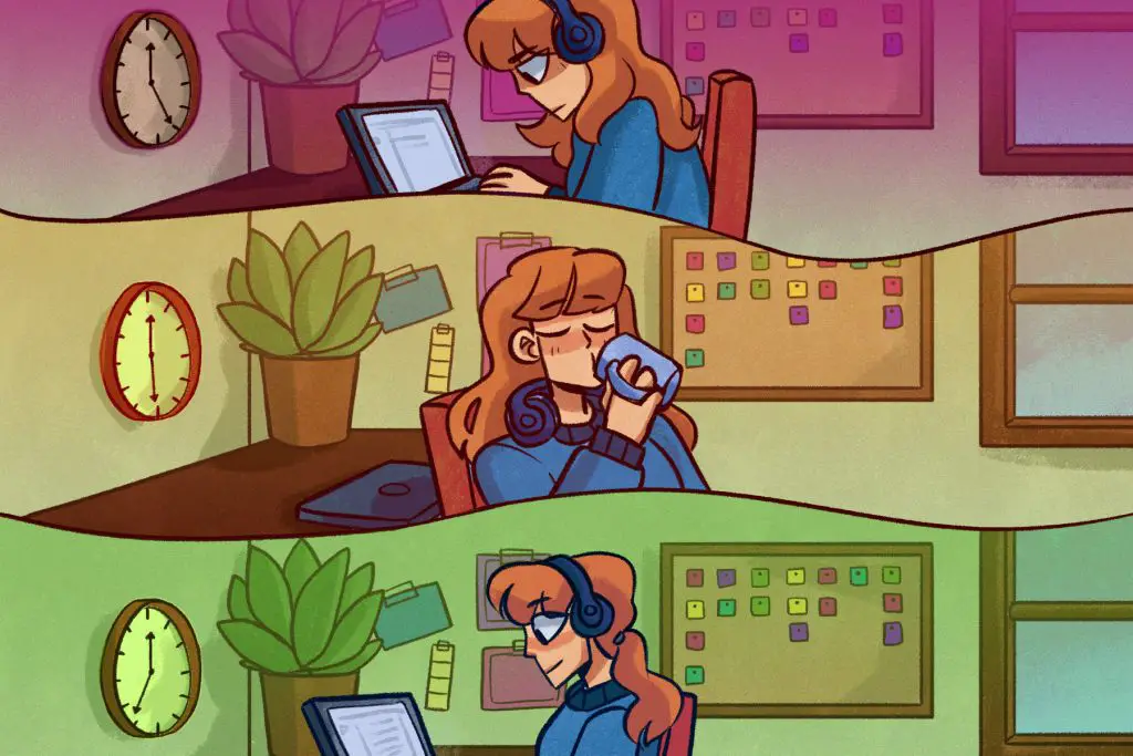 different slides of a girl using different studying methods as she sips coffee and uses her laptop