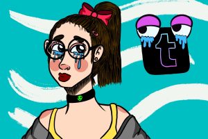 illustration of person with tears in their eyes next to Tumblr logo, which also has eyes with tears coming out