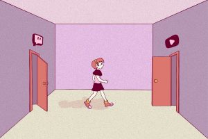 an illustration of a person walking from a door marked Twitch to a door marked YouTube