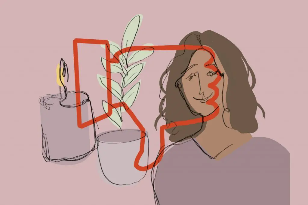 An illustration of minimalism with a thumbs down overlaying a candle and plant.
