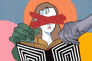 An illustration for an article about book bans.