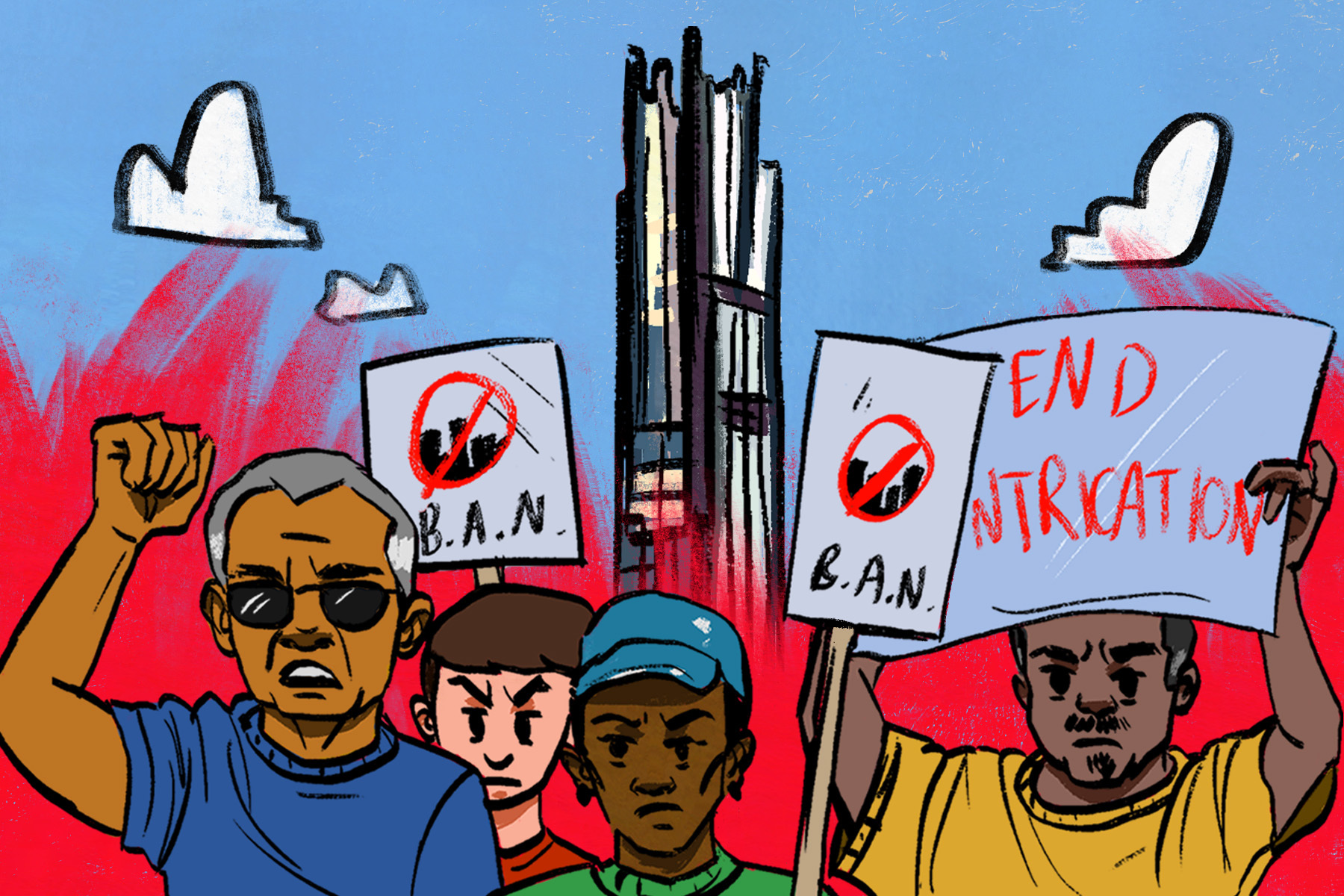 An illustration of protestors against the Brooklyn Tower