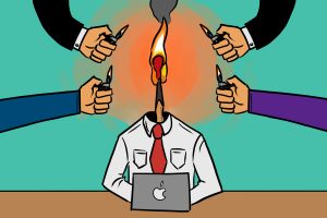 In an article about burnout, an illustration of a humanoid match being lit by multiple hands.