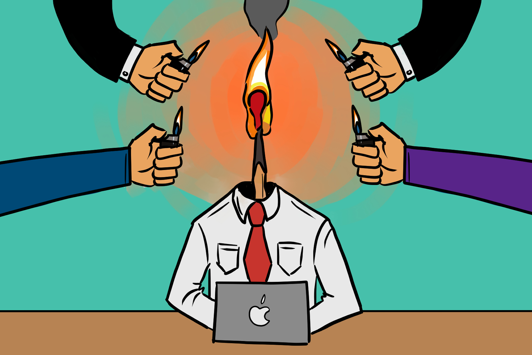 In an article about burnout, an illustration of a humanoid match being lit by multiple hands.