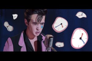 an illustration of Elvis in front of a microphone