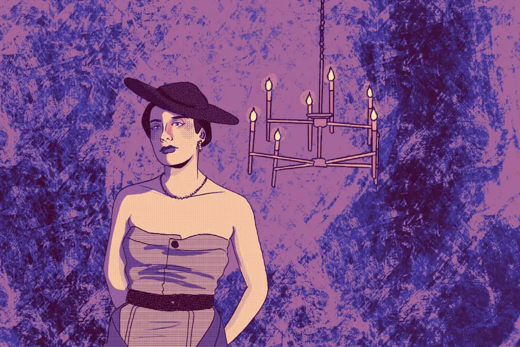 A sketch shows Halsey's "So Good" music video in purple, with a woman standing in front of a chandelier.
