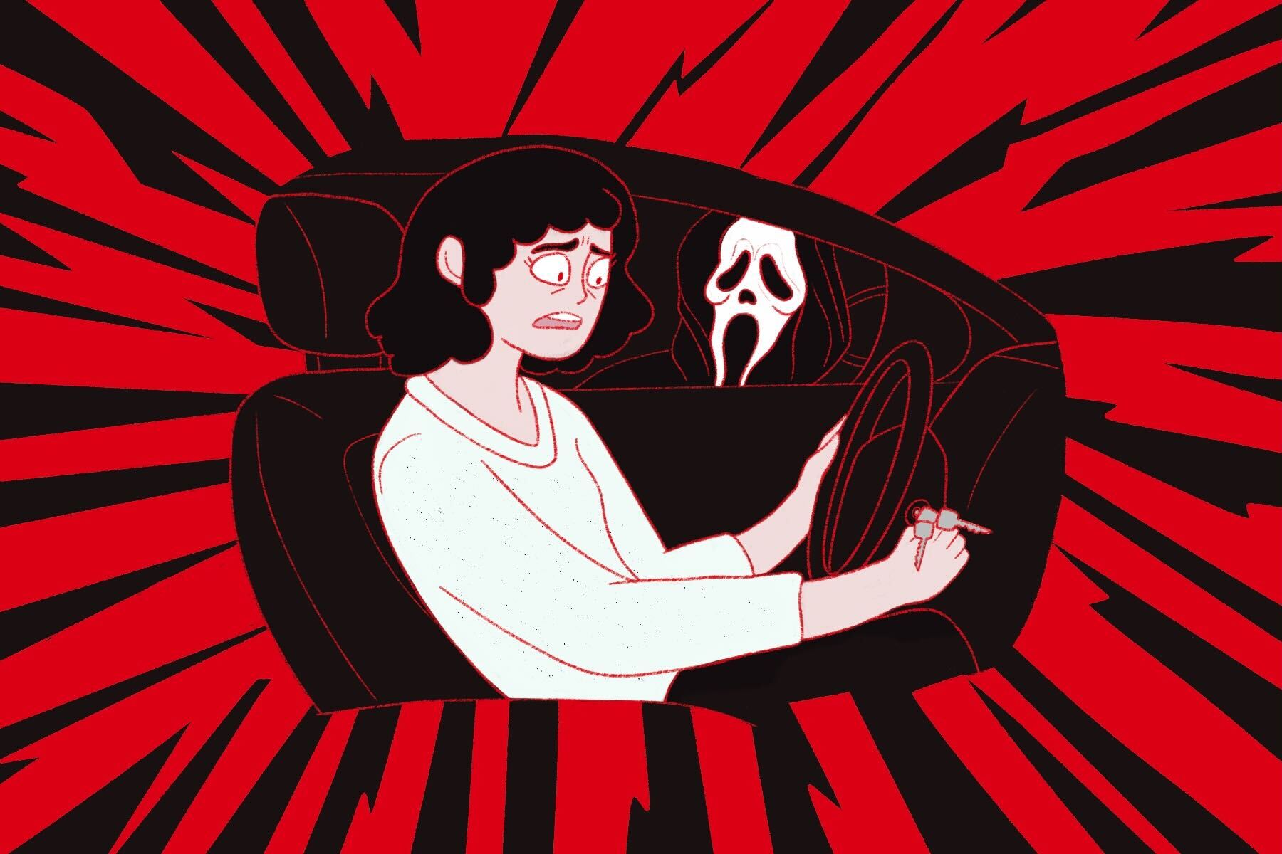 girl in horror movie unable to start car with scream out the window