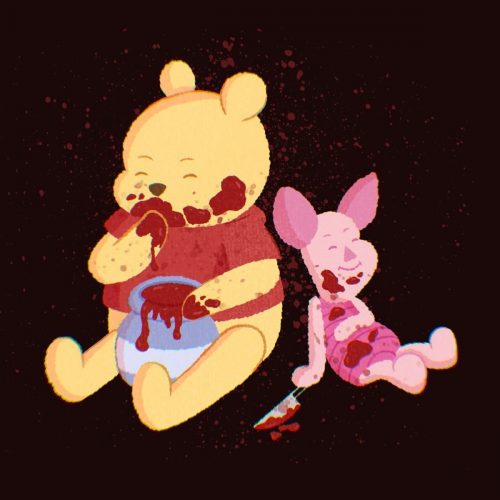 winnie the pooh eating blood and piglet holding a knife