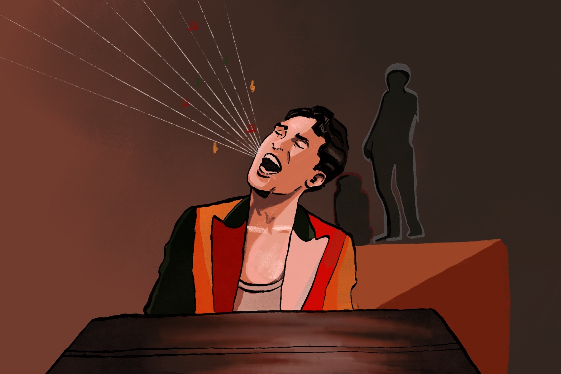 A drawing of the "VIva Las Vengeance" music video shows Urie singing at a piano.