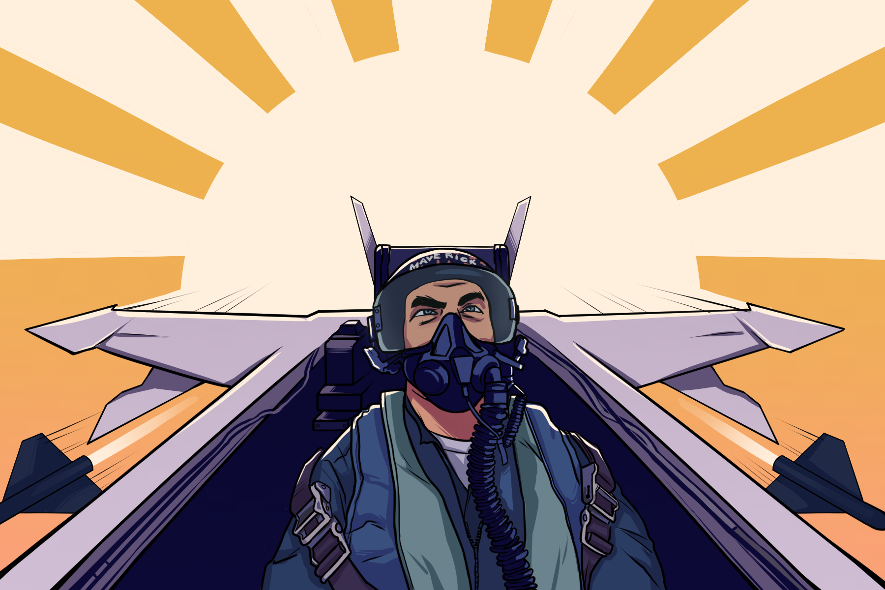 A drawing of a scene from Top Gun: Maverick shows Tom Cruise in an F-14.