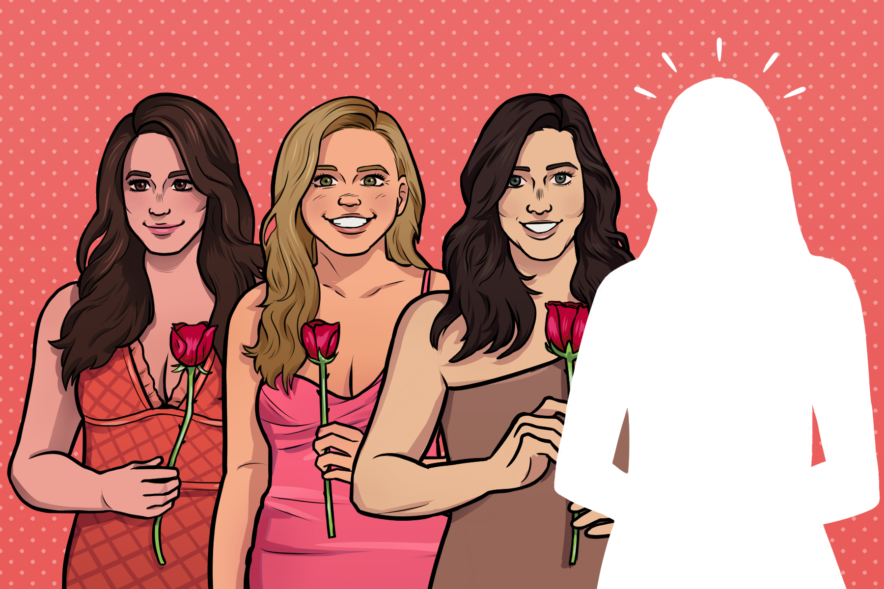 In an article about "The Bachelorette", an illustration of three women and a missing woman silhouette