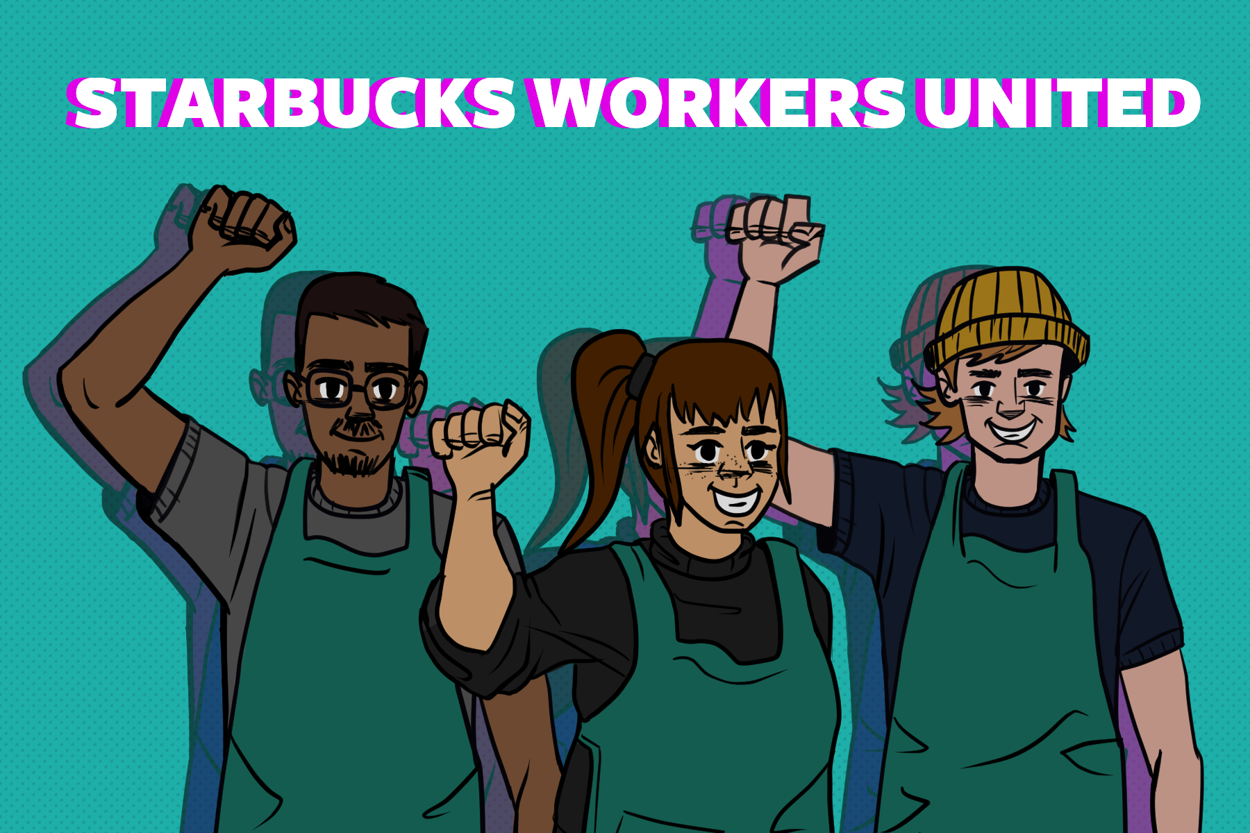 an illustration of workers in the Starbucks Workers Union