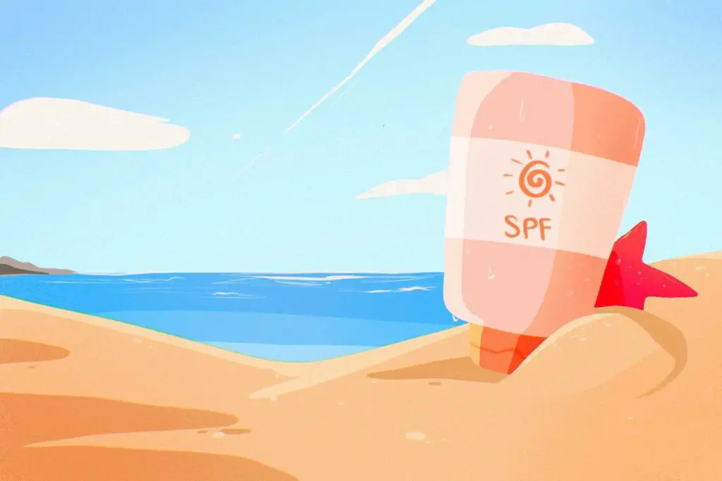 An article on sunscreens has a drawing of a bottle on the beach.