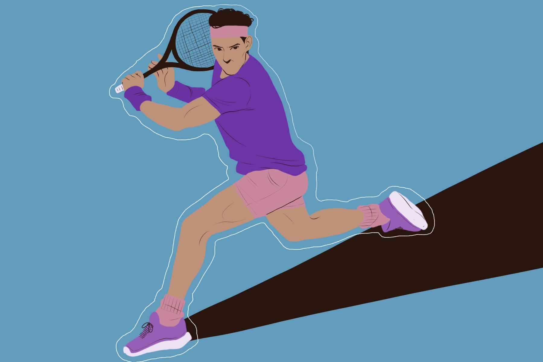 A drawing of Rafael Nadal shows the athlete swinging a tennis racket.