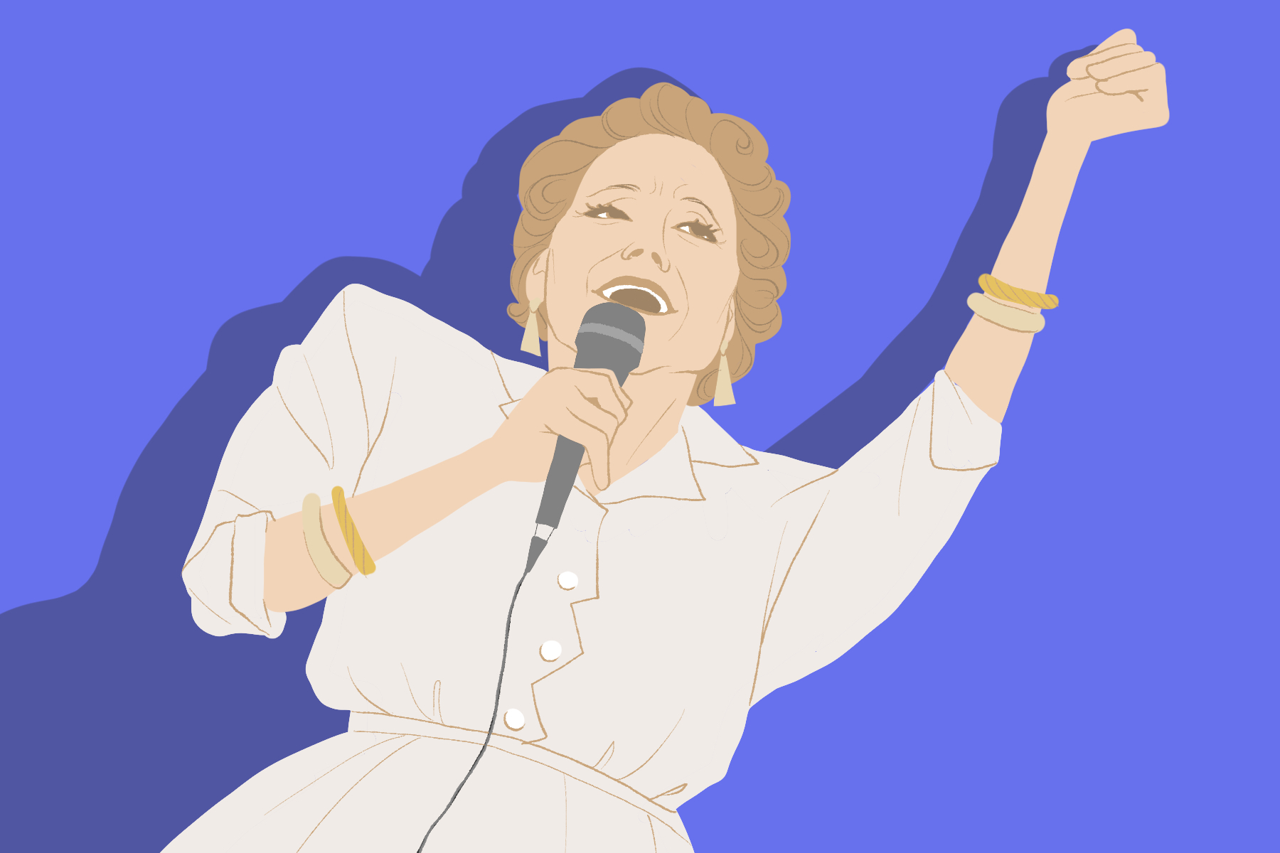 A drawing of "The Eyes of Tammy Faye" shows the title character singing with her fist raised.