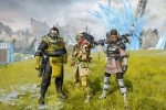 A screenshot of Apex Legends shows three characters posing on a hill.